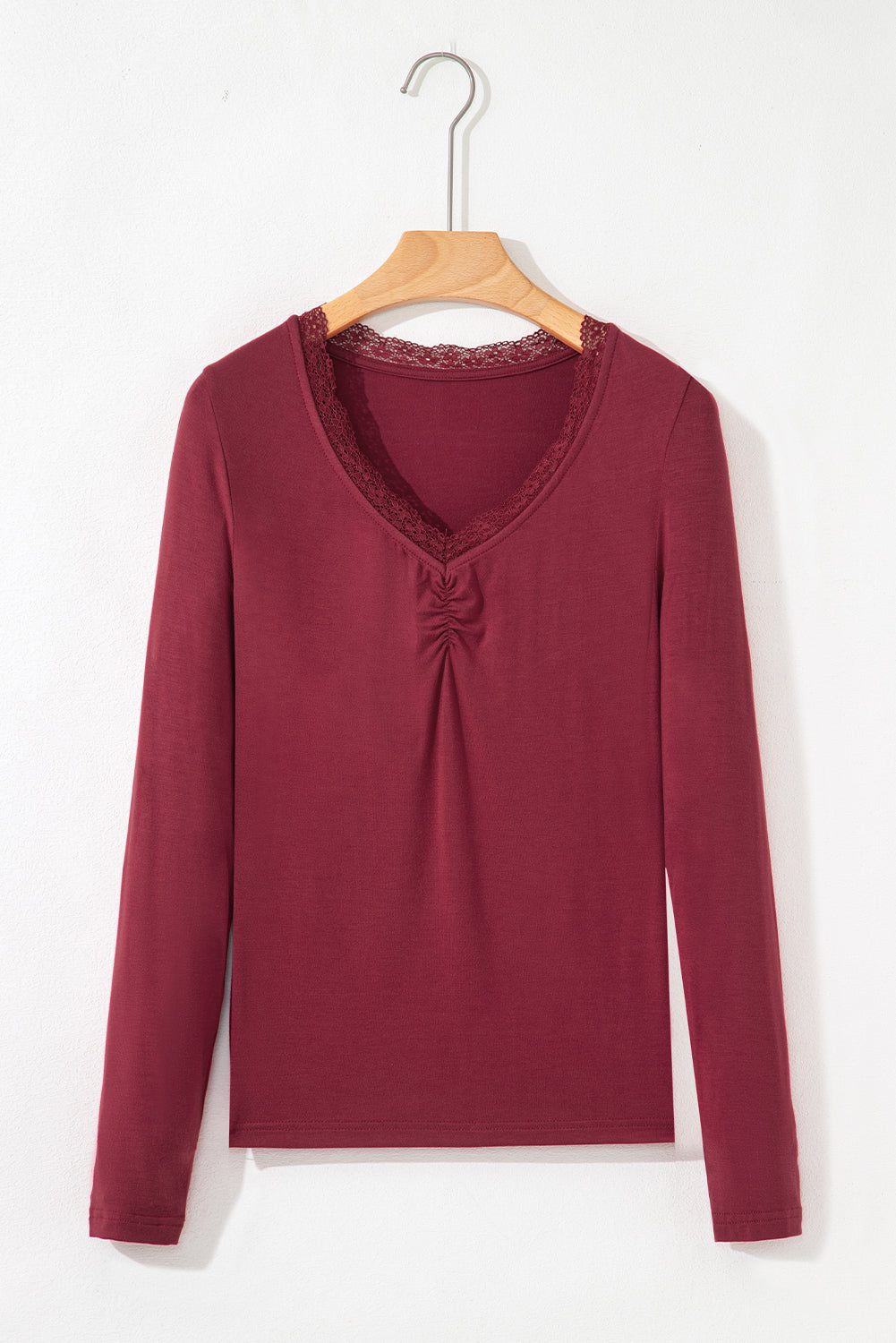 Smoke Gray Lace-trimmed Sweetheart Neckline Ruched Detail Long Sleeve T-shirt