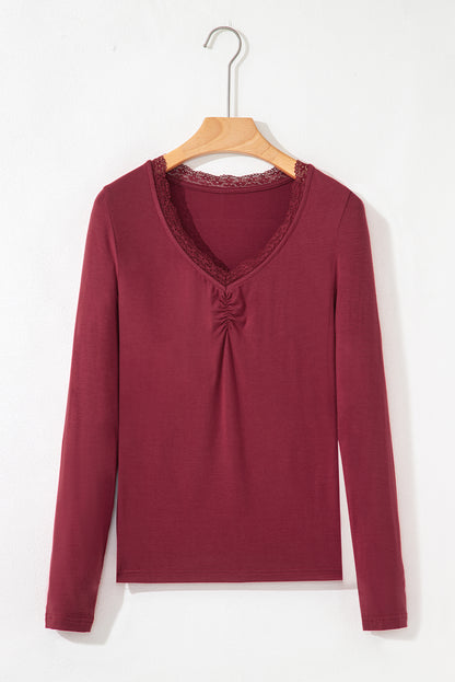 Smoke Gray Lace-trimmed Sweetheart Neckline Ruched Detail Long Sleeve T-shirt