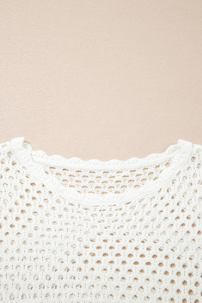 White Scalloped Trim Hollow Out Knit Long Sleeve Top