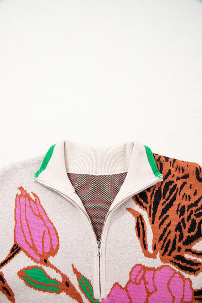 Khaki Floral Pattern Knit Quarter Zip Stand Neck Sweater