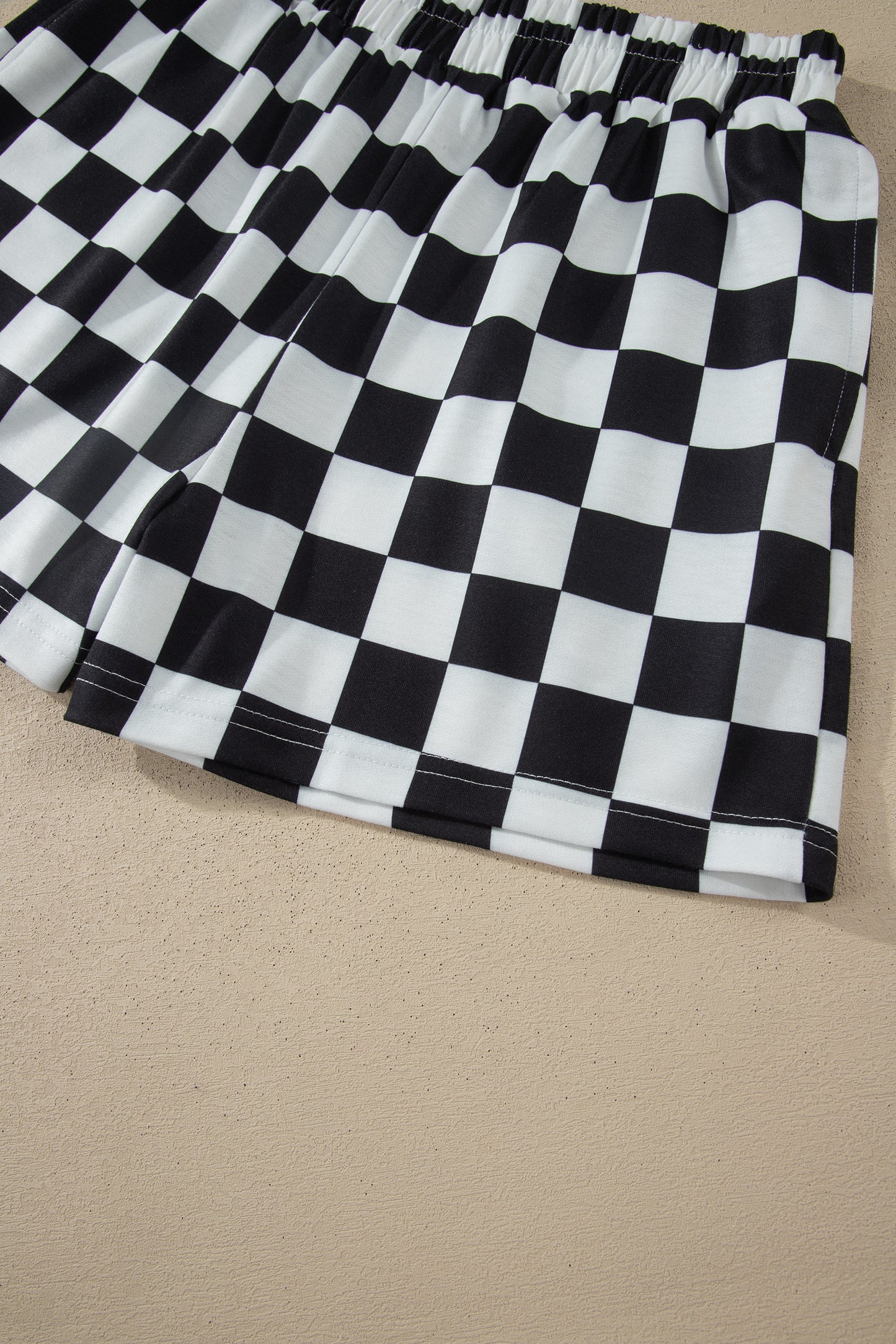 Pink Checkered Print Color Block Trim Mock Neck Short Set