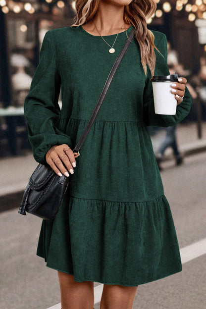 Dark Brown Lantern Sleeve Tiered Mini Dress