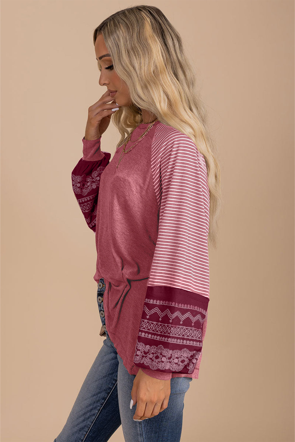 Navy Blue Contrast Print Striped Raglan Long Sleeve Loose Top