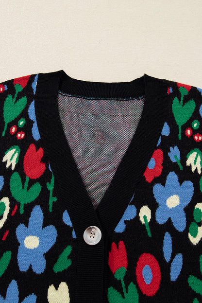 Black Floral Print V Neck Buttoned Short Cardigan Sweater