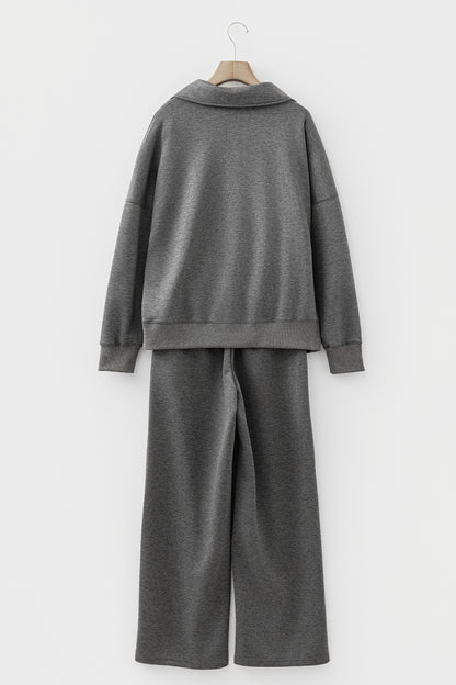 Bristol Black Collared V Neck Pullover Sweatshirt Sweatpants Set