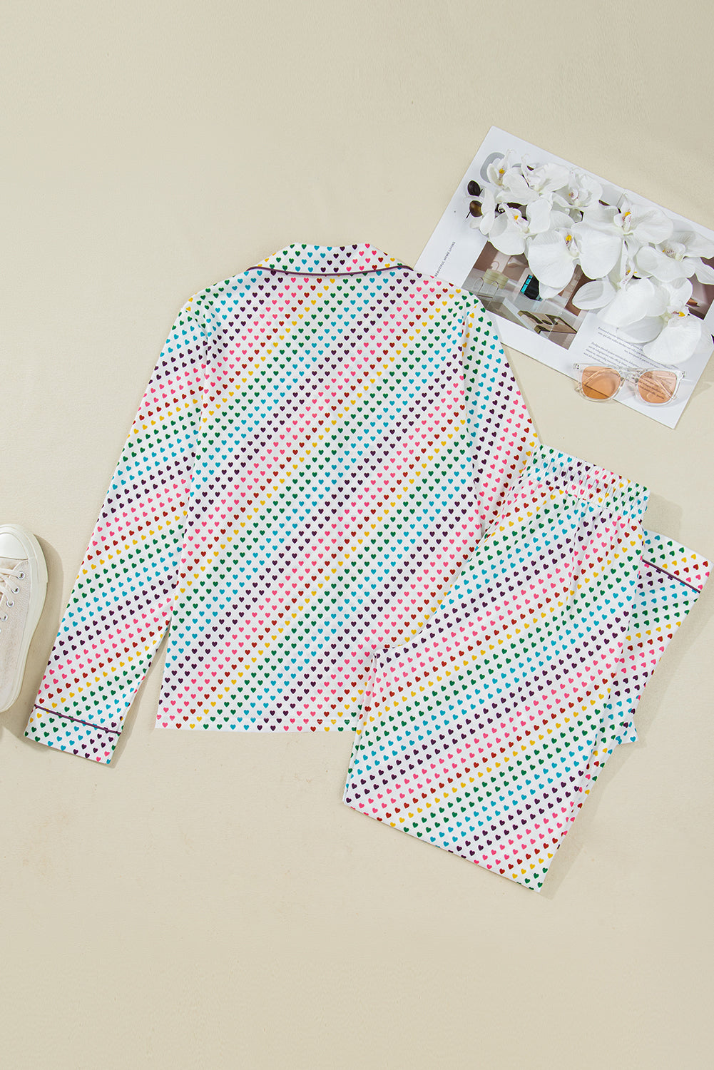 White Pride Heart Print Valentines Long 2pcs Pajama Set