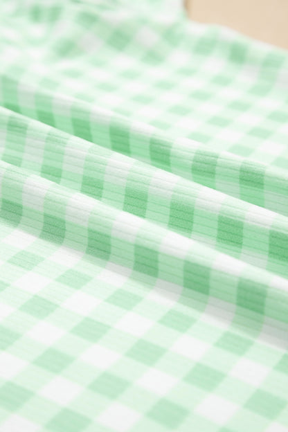 Green Gingham Long Sleeve Loose Top Drawstring Shorts 2pcs Lounge Set