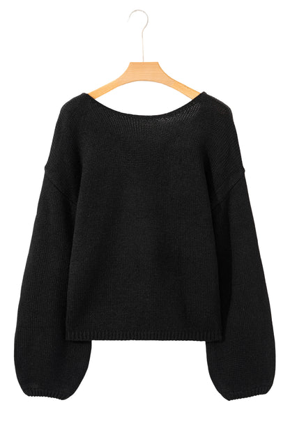 Fiery Red Festive Bow Backless Bubble Sleeve Sweater