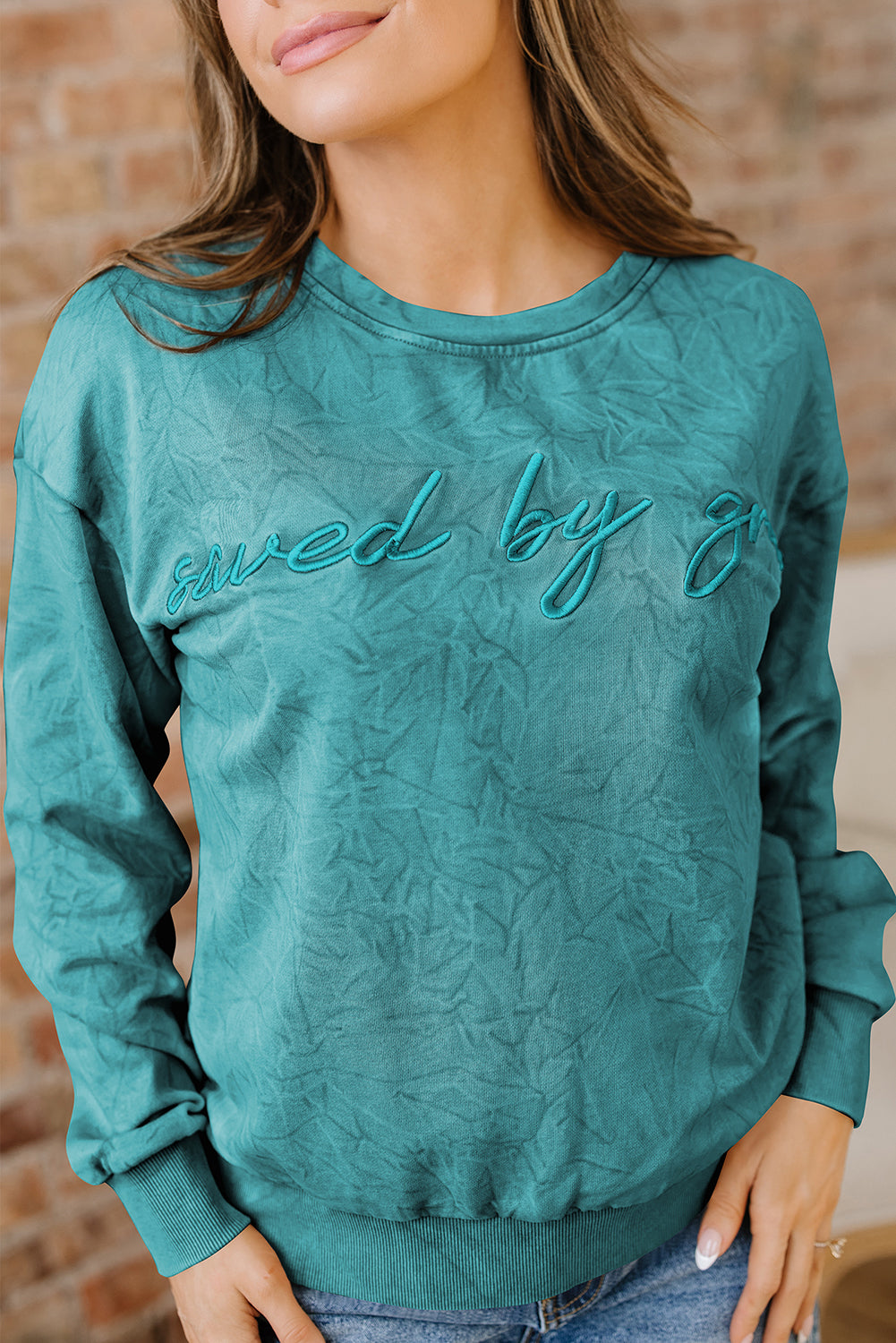 Mineral Red saved by grace Letter Embroidery Mineral Wash Loose Sweatshirt