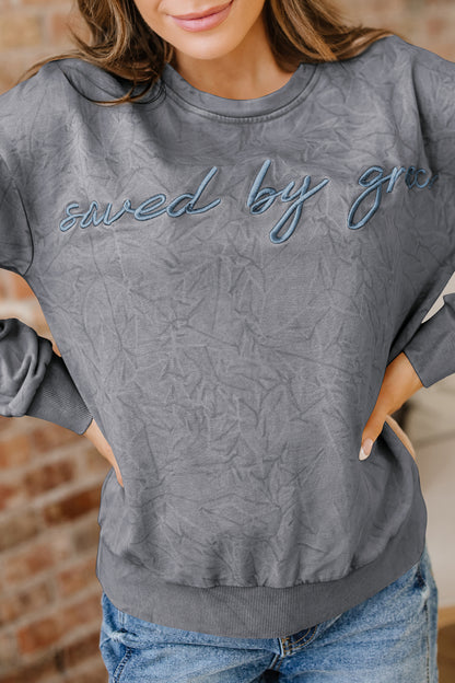Mineral Red saved by grace Letter Embroidery Mineral Wash Loose Sweatshirt