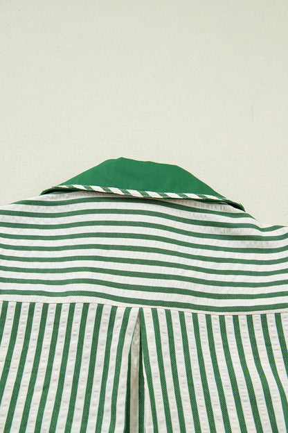 Green Stripe Collared Split Neck Short Bubble Sleeve Blouse