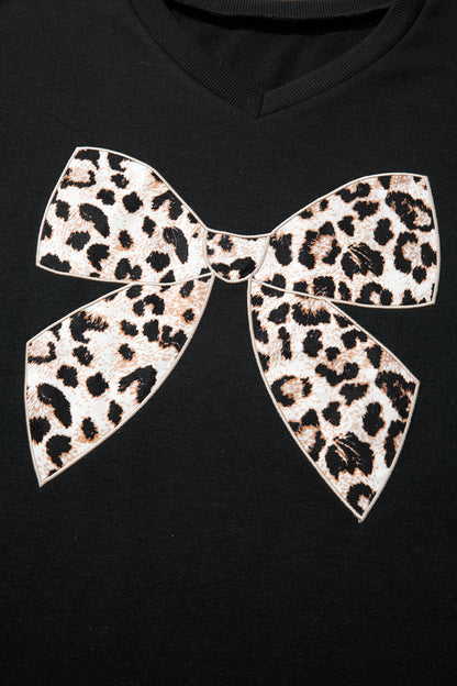 White Contrast Leopard Bow Patched V Neck Loose Tee Drawstring Shorts 2pcs Outfit