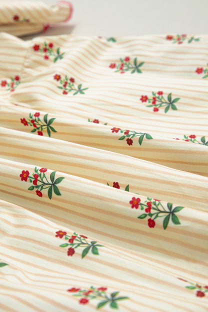Apricot Striped Floral Print Contrast Detail Ruffle Hem Short Dress