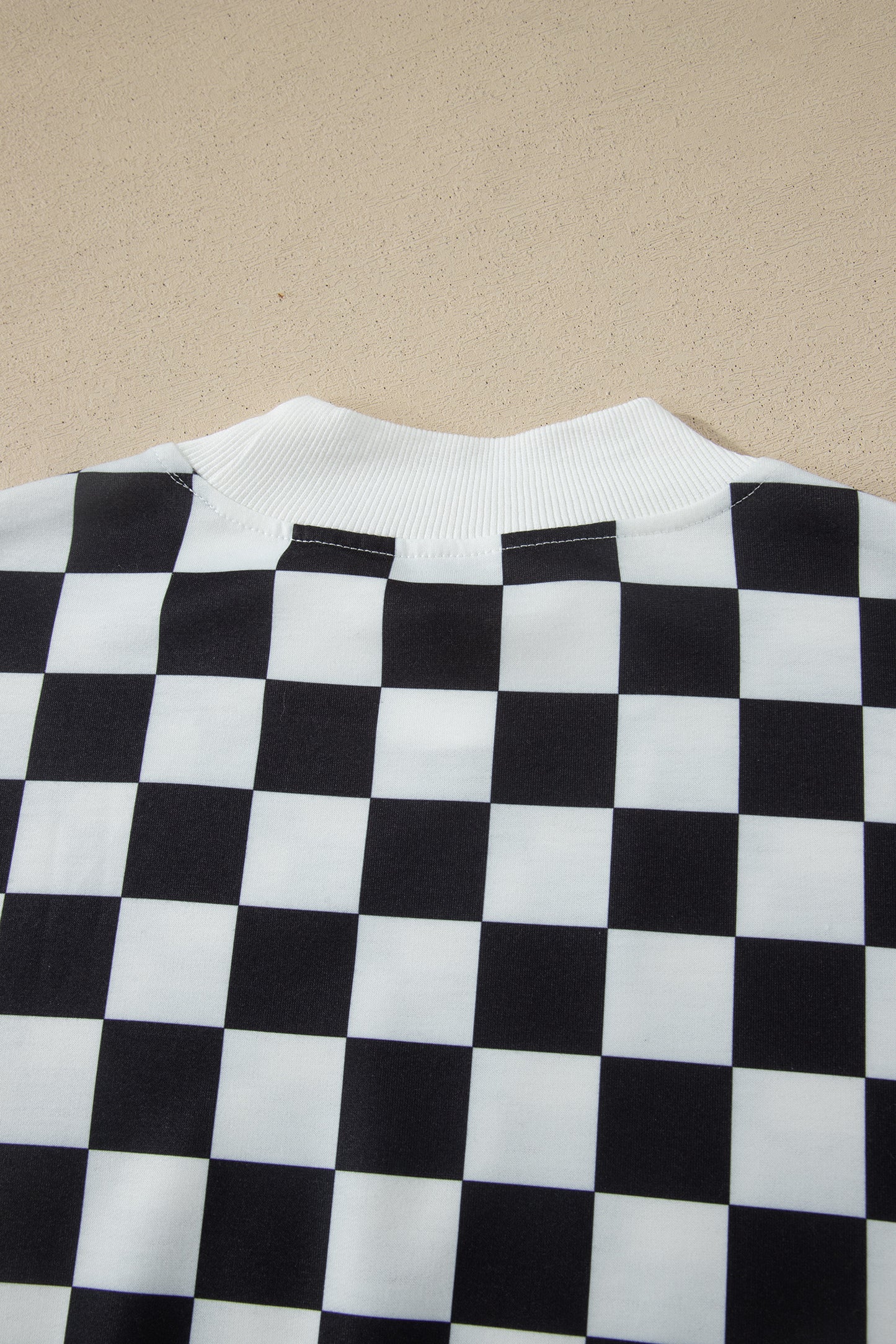Pink Checkered Print Color Block Trim Mock Neck Short Set
