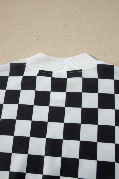 Pink Checkered Print Color Block Trim Mock Neck Short Set