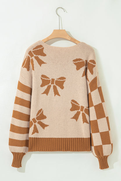 Straw Yellow Ribbon Bow Print Checkered Striped Sleeve Drop Shoulder Sweater