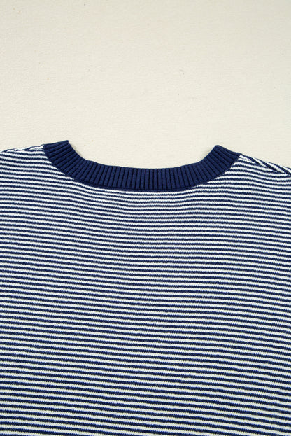 Blue Stripe Color Block Patchwork Dolman Oversize Tunic Sweater