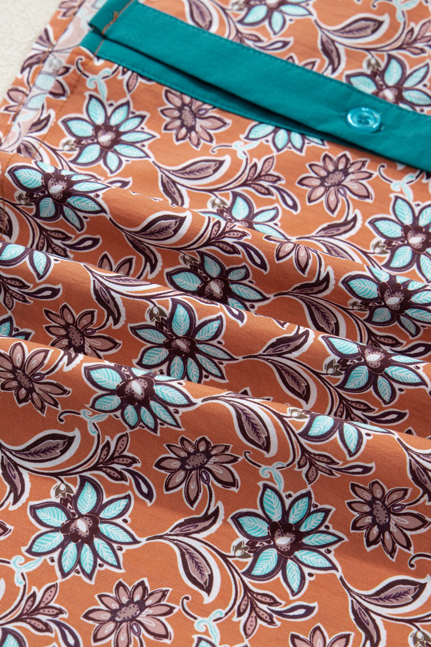 Orange Boho Floral Contrast Collared Shirt Mini Dress