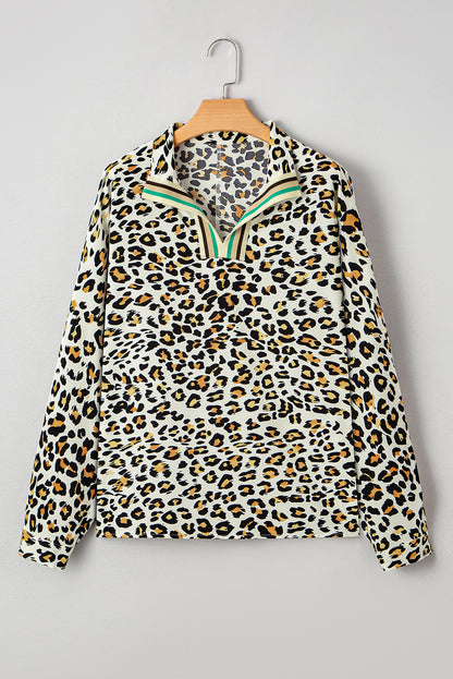 Khaki Leopard Print Contrast Striped V Neck Blouse