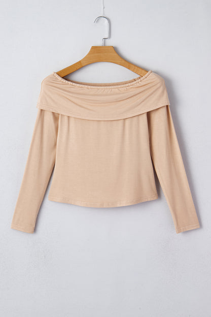 Smoke Gray Foldover Off Shoulder Long Sleeve Slim Top