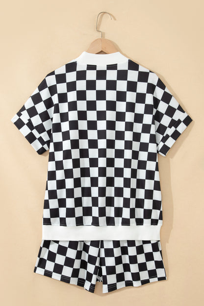 Pink Checkered Print Color Block Trim Mock Neck Short Set