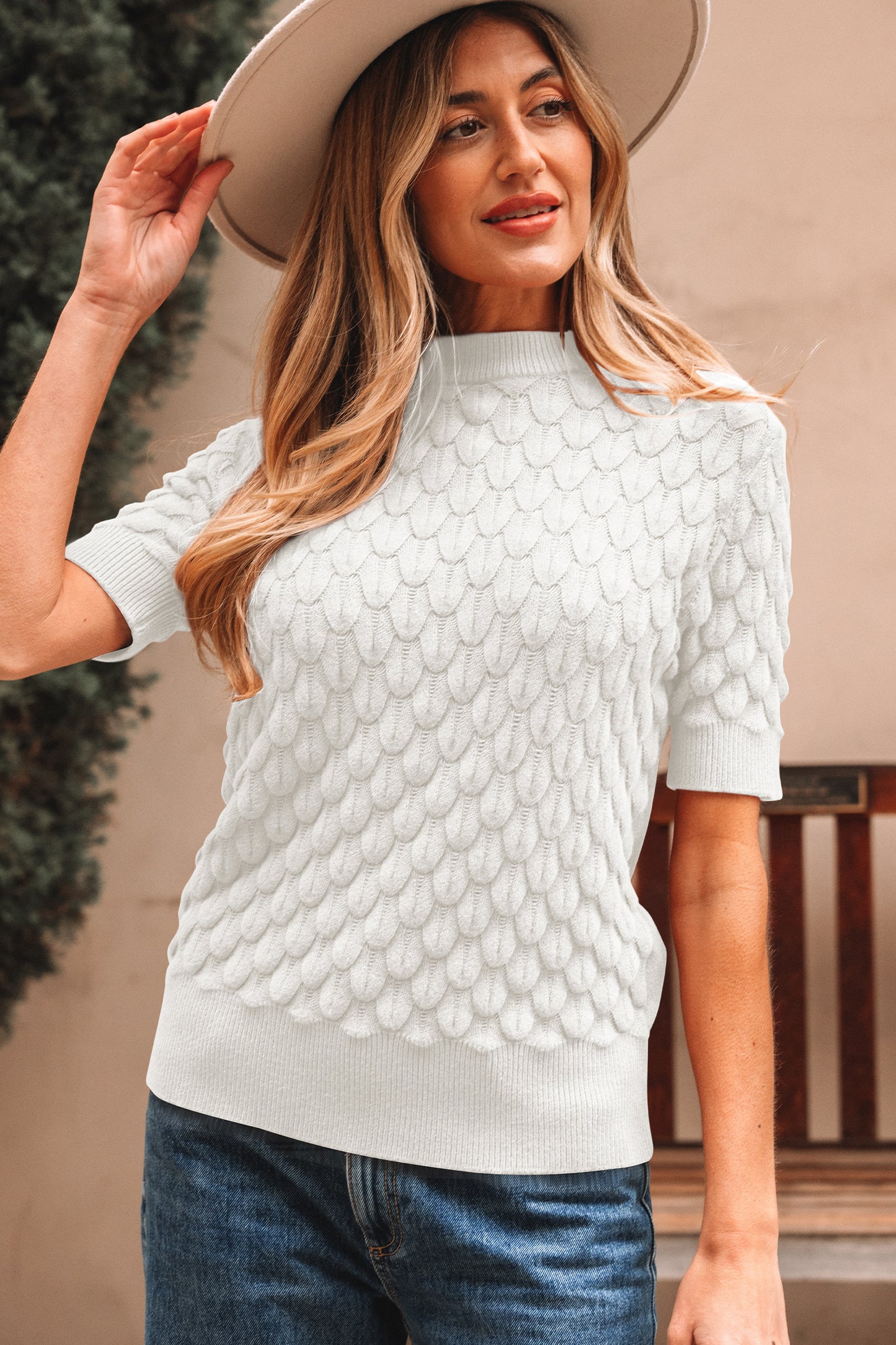 Straw Yellow Fish Scale Textured Knit Ribbed High Neck Short Sleeve Sweater
