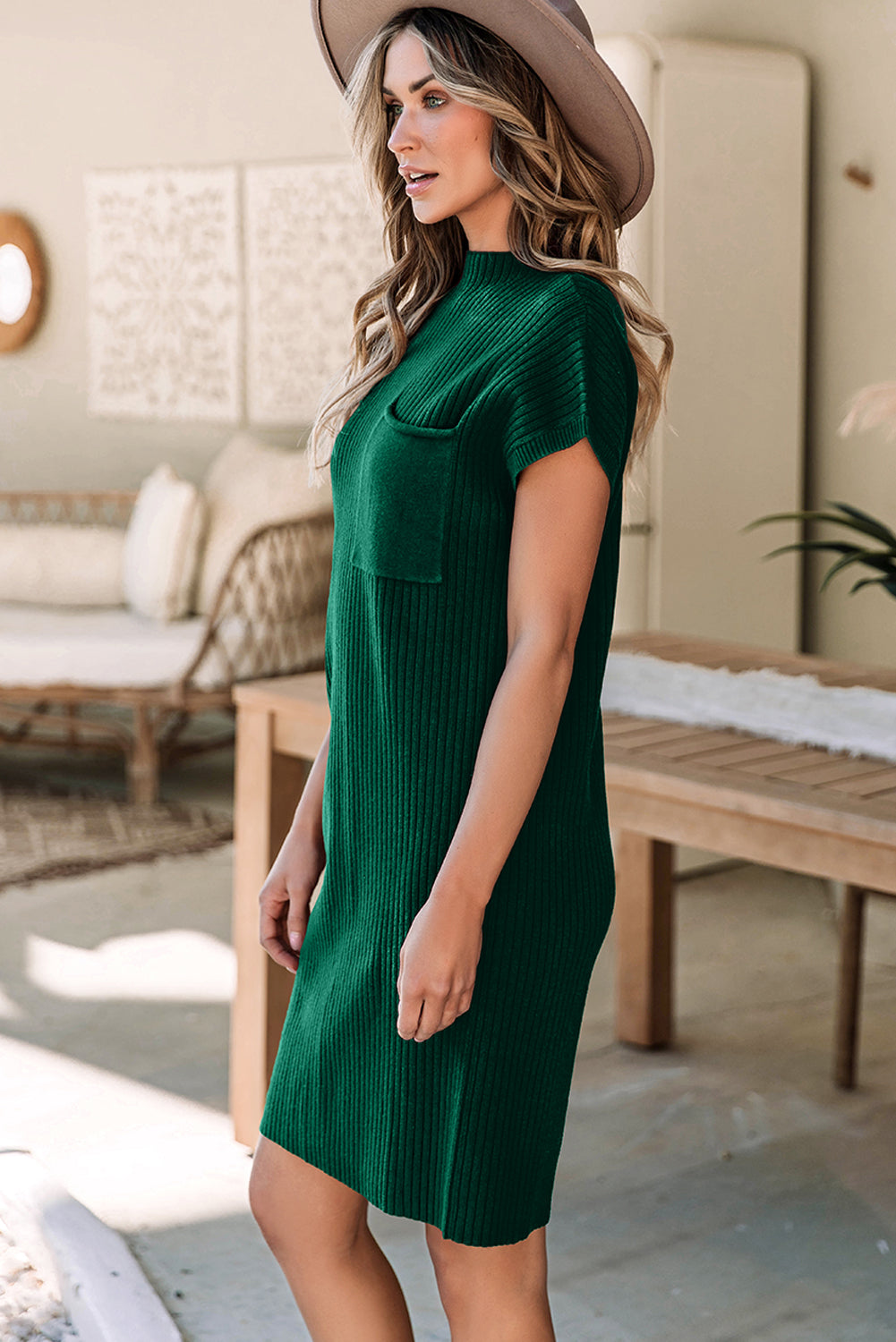 Simply Taupe Patch Pocket Ribbed Knit Short Sleeve Sweater Dress