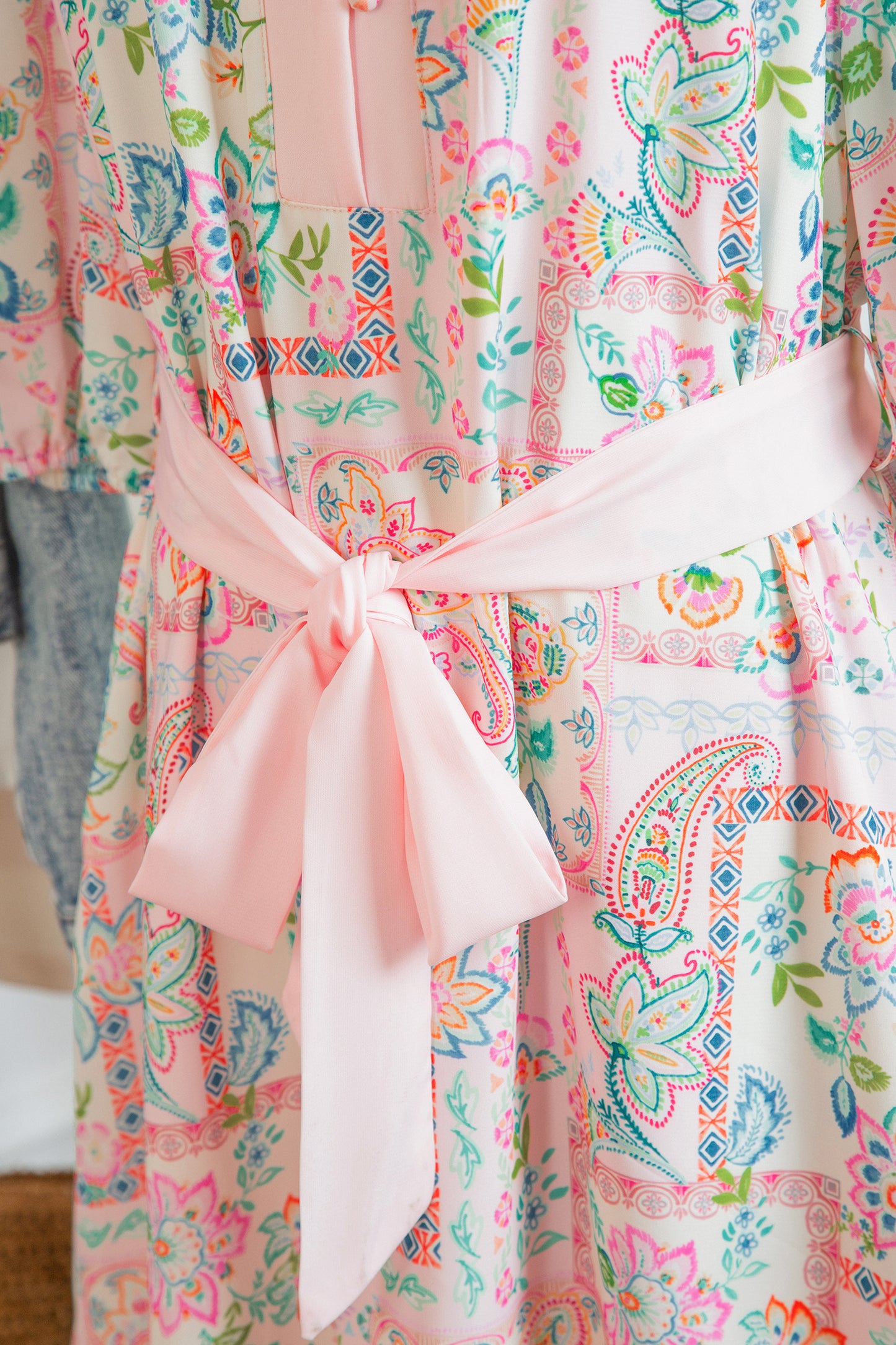 Pink Boho Floral Print Color Block Trim Half Button Belted Mini Dress