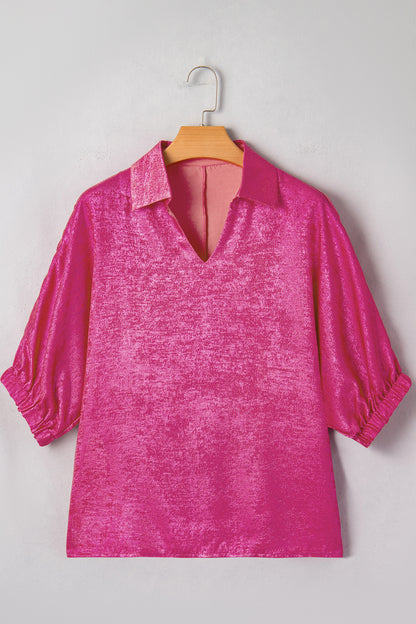 Strawberry Pink Collared V Neck Half Sleeve Metallic Top