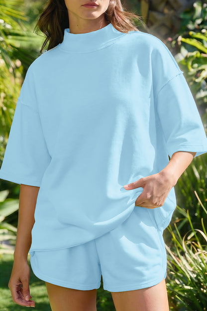 Moonlight Jade Solid Color Exposed Seam Mock Neck Oversize Tee Casual Shorts 2pcs Outfit
