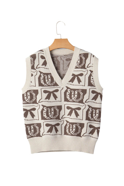 Brown Western Horseshoe Bow Printed V Neck Loose Sweater Vest