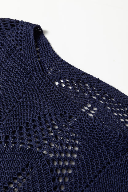 Navy Blue Hollow Out Knit 7/8 Sleeve Casual Sweater