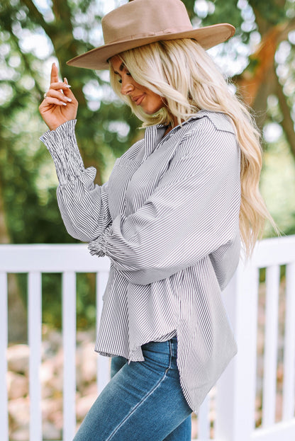 Sky Blue Smocked Cuffed Striped Boyfriend Shirt with Pocket