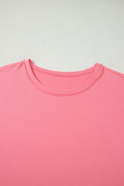 Peach Blossom Solid Color Raw Seam Detail Ruffle Hem Plus Size T Shirt