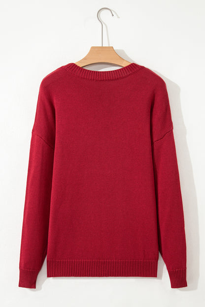 Racing Red Merry Colorful Dot Detail Christmas Drop Shoulder Sweater
