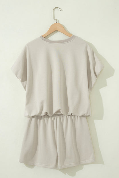 Smoke Gray Solid Color Puffy Loose Top Drawstring Shorts 2pcs Outfit