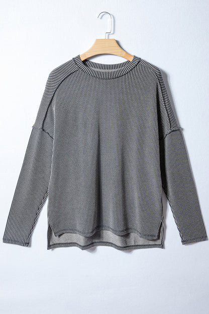 Parchment Twist Ribbed Exposed Seam Detail Long Sleeve Loose Top