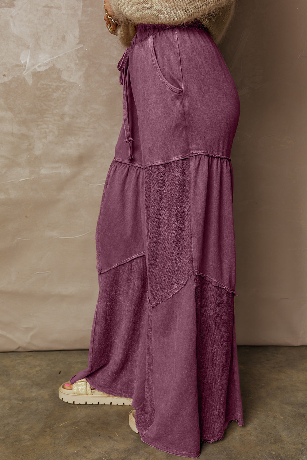 Ashleigh Blue Careys Mineral Wash Tiered Wide Leg Patchwork Drawstring Pants