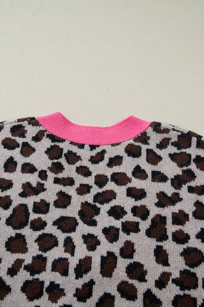 Khaki Oversize Color Block Trim Button Down Leopard Print Cardigan