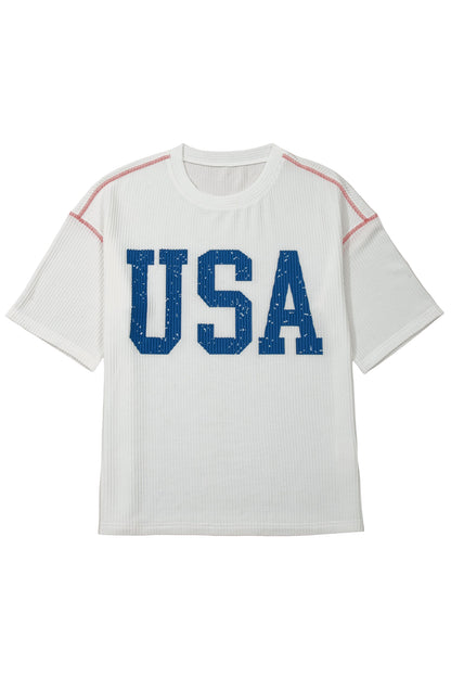 Beau Blue USA Graphic Half Sleeve Loose Ribbed Top
