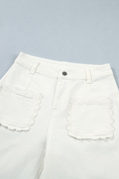White Solid Color Scalloped Patch Pocket Shift Jeans