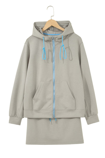 Smoke Green Contrast Trim Zip Up Sporty Jacket Drawstring Mini Skort 2pcs Set