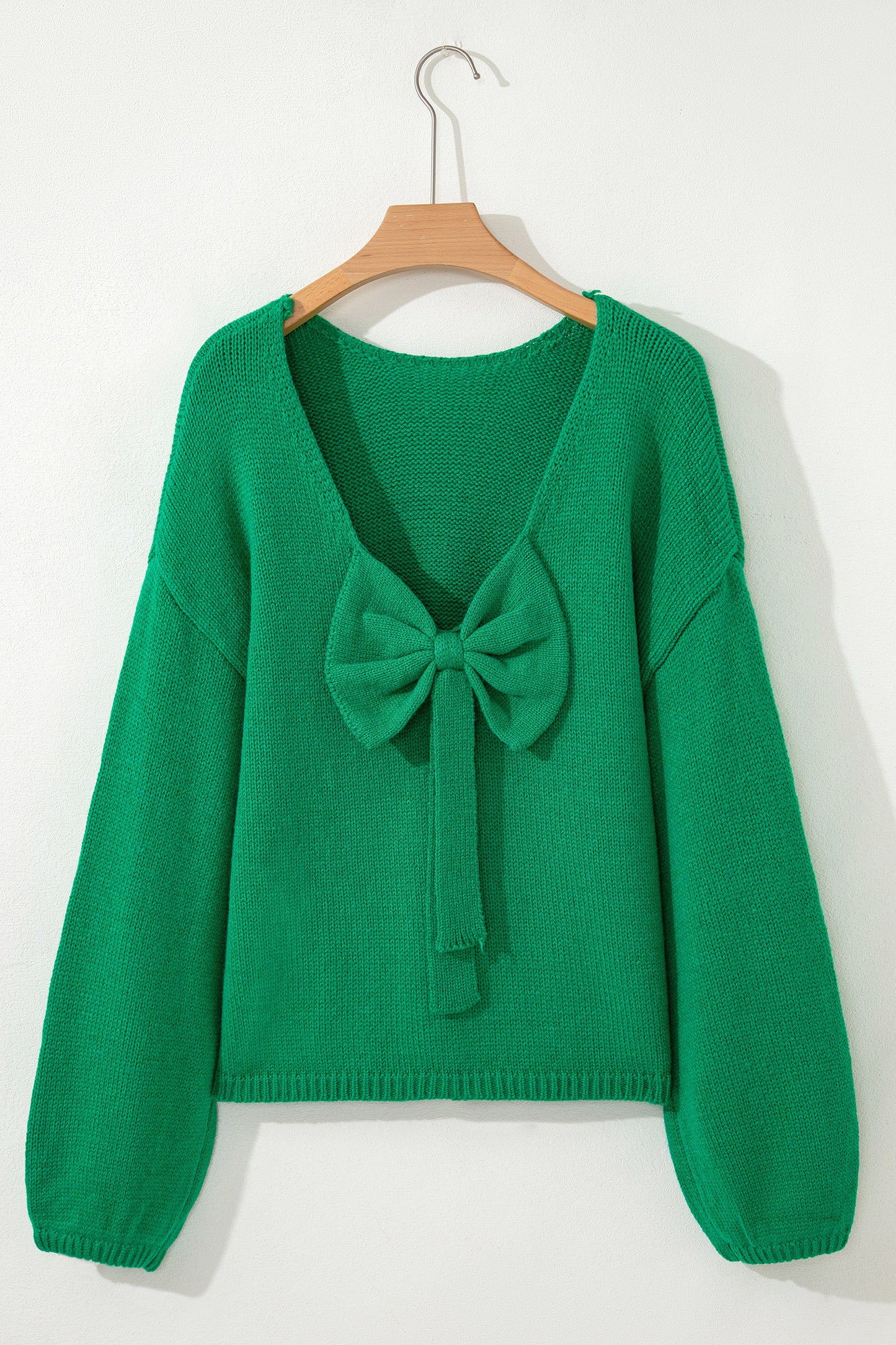 Fiery Red Festive Bow Backless Bubble Sleeve Sweater