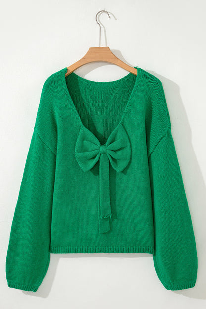 Fiery Red Festive Bow Backless Bubble Sleeve Sweater