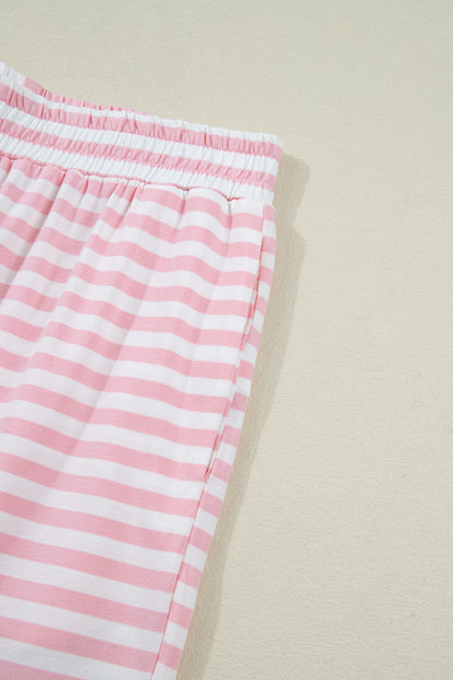 Rose Stripe Drop Shoulder Round Neck Top and Buttoned Straight Pants Two Piece Set