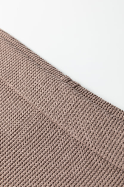 Beige Solid Color Waffle Knit Asymmetric Neck Long Sleeve Top