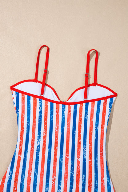 Red July 4th Stripes Star Floral Impression Cutout Spaghetti Straps One Piece Swimsuit
