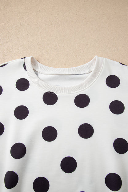 Sky Blue Polka Dot Print Drop Shoulder Pullover Drawstring Shorts Set