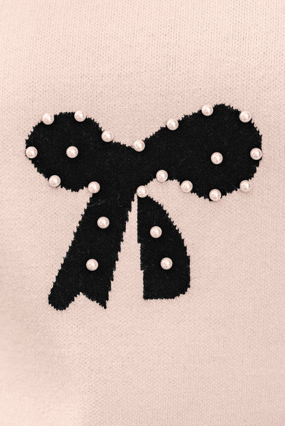 Racing Red Pearl Embellished Bow Pattern Loose Sweater