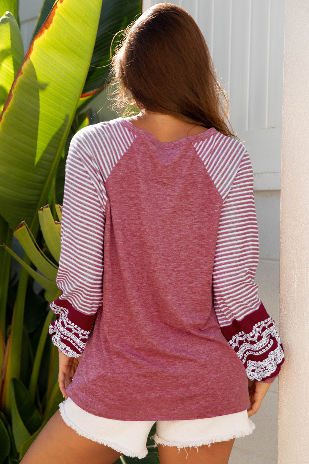Navy Blue Contrast Print Striped Raglan Long Sleeve Loose Top
